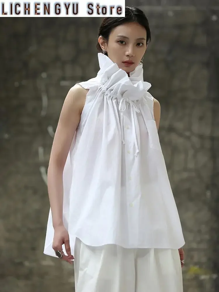 

Women White Ruffles Big Size Blouse New Stand Collar Sleeveless Loose Fit Shirt Fashion Tide Spring Summer