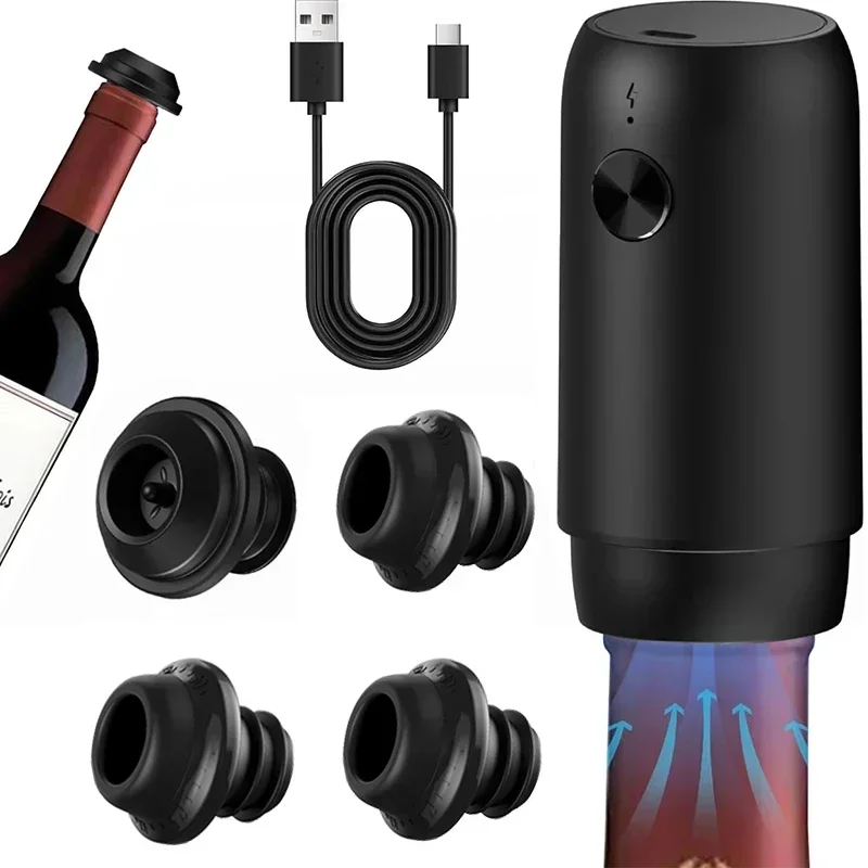 Electric Wine Preserver with 4 Wine Stopper Rechargeable Vacuum Saver with Airtight Seal Automatic Air Remover Pump Bar Tool