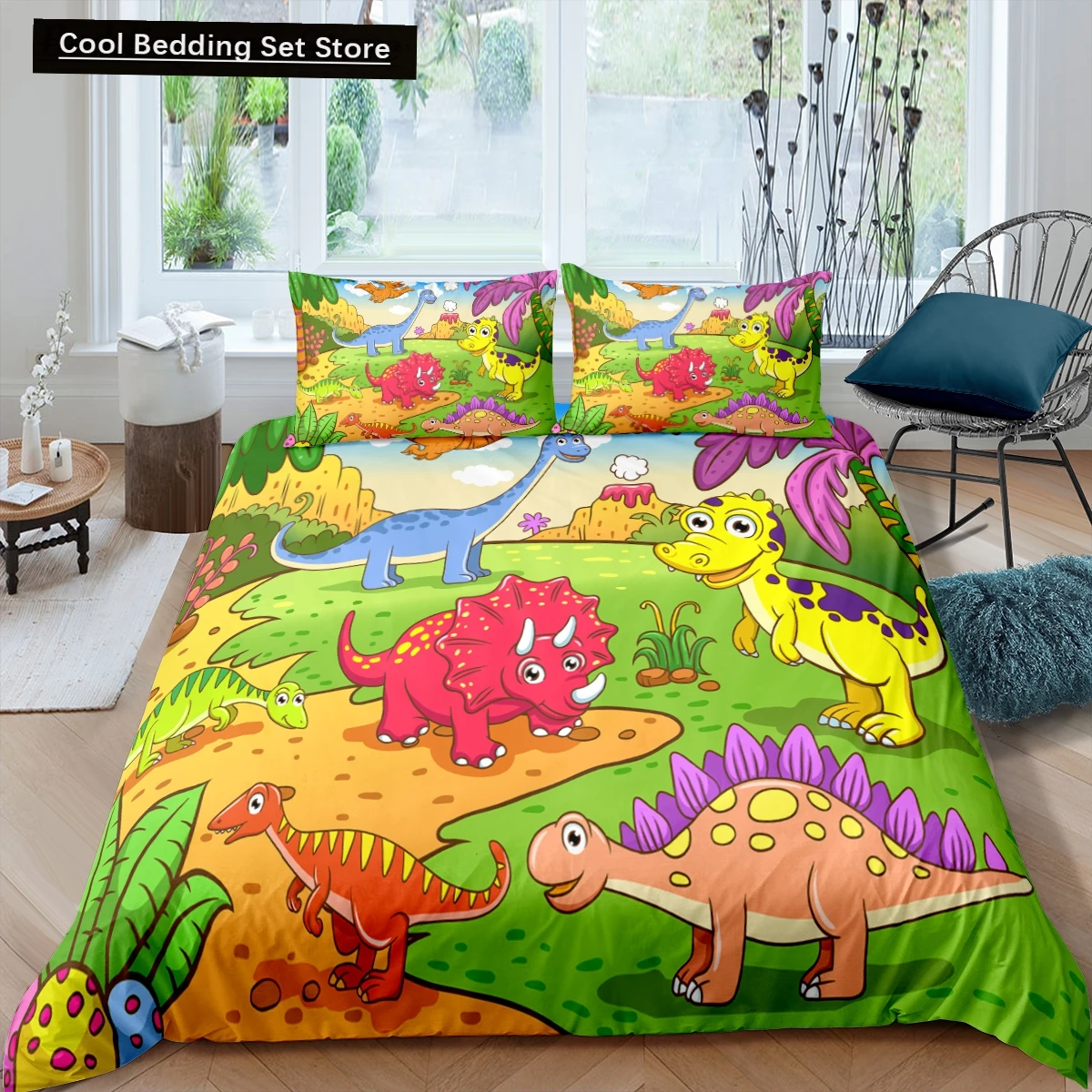 

Cartoon Dinosaur Duvet Cover King Queen Kids Jurassic World Stegosaurus Tyrannosaurus Bedding Set 2/3pcs Polyester Quilt Cover