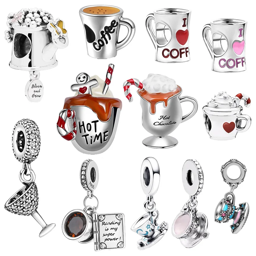 Copa de cóctel Original fina, dijes de taza de café, cuentas, taza mágica de té, colgante, compatible con pulsera de plata europea 925 Original, joyería