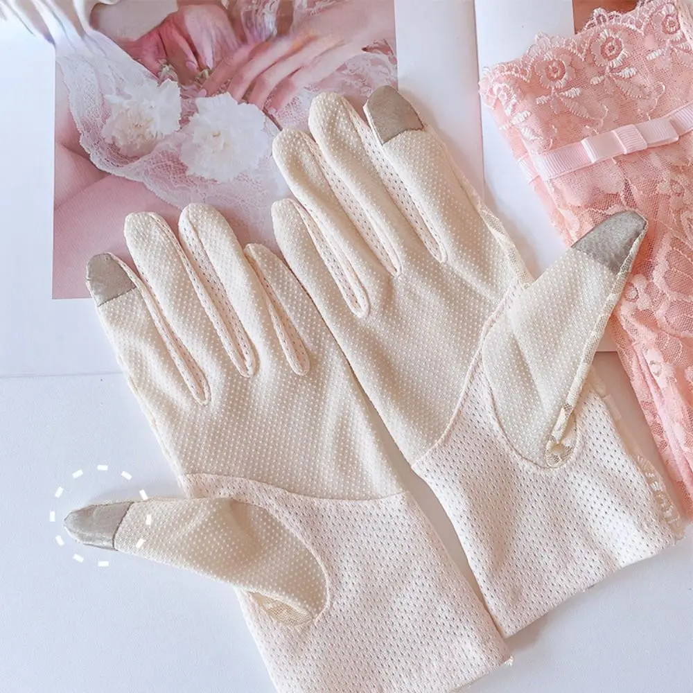 New Women's Summer Ice Silk Lace Anti Ultraviolet Thin Electric Car Driving Anti-skid Breathable Cool Sun Protection Gloves