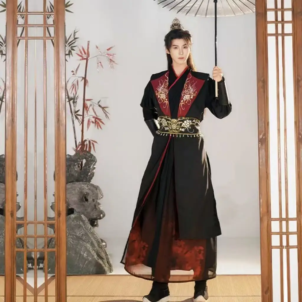 

Youthful Sense Men's Hanfu Traditional Chinese Lapel Vest Long Robe Cool Black Halloween Swordsman Cosplay Clothing Wuxia Outfit