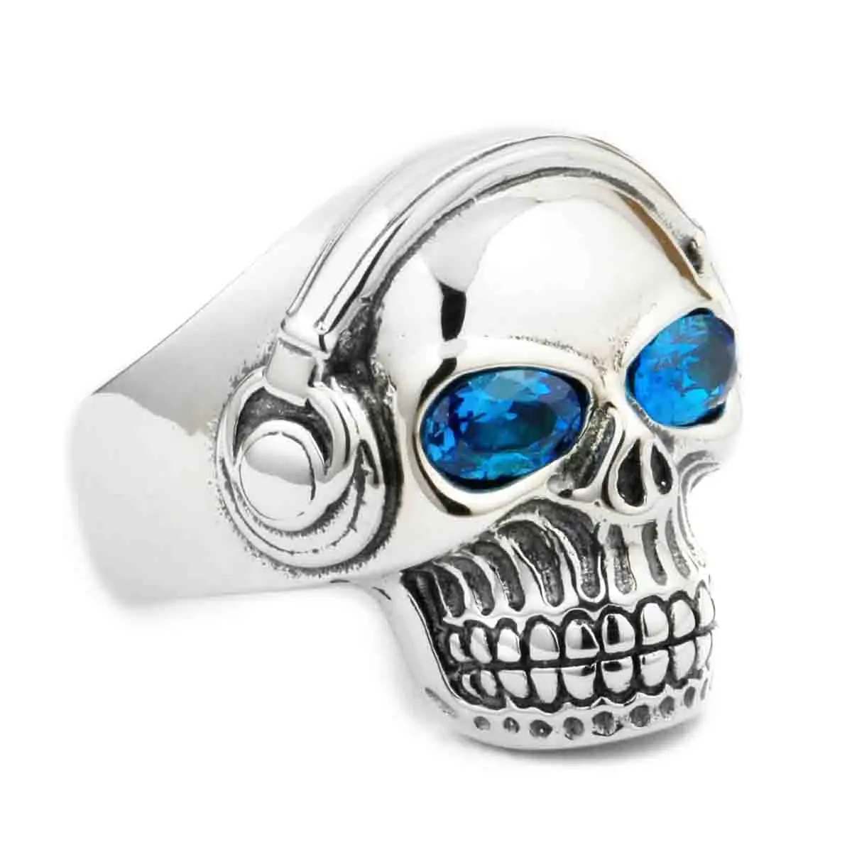 

Синий CZ Eyes 925 пробы Серебряный DJ Skull Studio Music headphones Ring 8Y111 US размер от 7 до 15