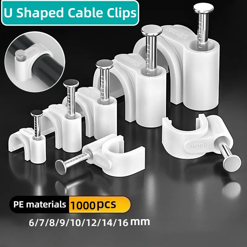1000Pcs 6-16mm Cable Clips Steel Nail White Ethernet Management U Shaped Wire Cord Staples Hooks Wall Cable Extension Fasteners