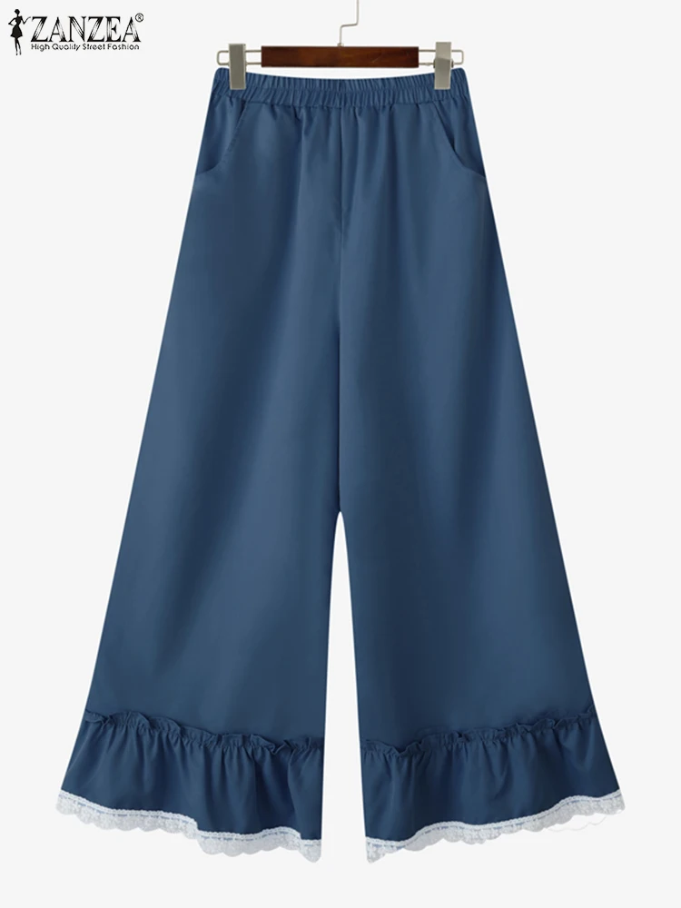Fashion Lace Pantchwork Wide Leg Pants 2025 Women Elastic Waist Trousers Solid Casual Loose Ruffled Pleated Flare Pants ZANZEA
