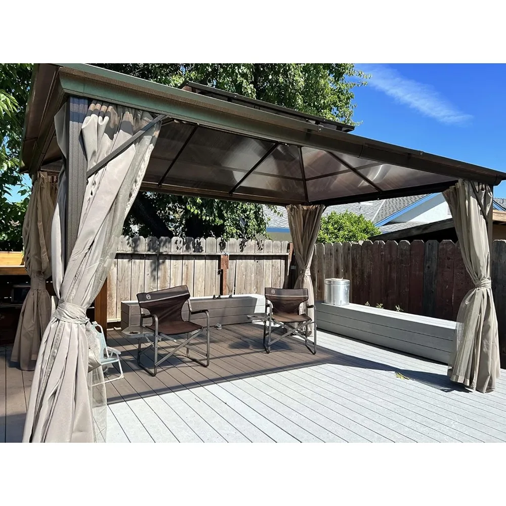 10'x13' Outdoor Polycarbonate Double Roof Canopy, Aluminum Frame Permanent Pavilion with Curtains and Netting, Sunshade