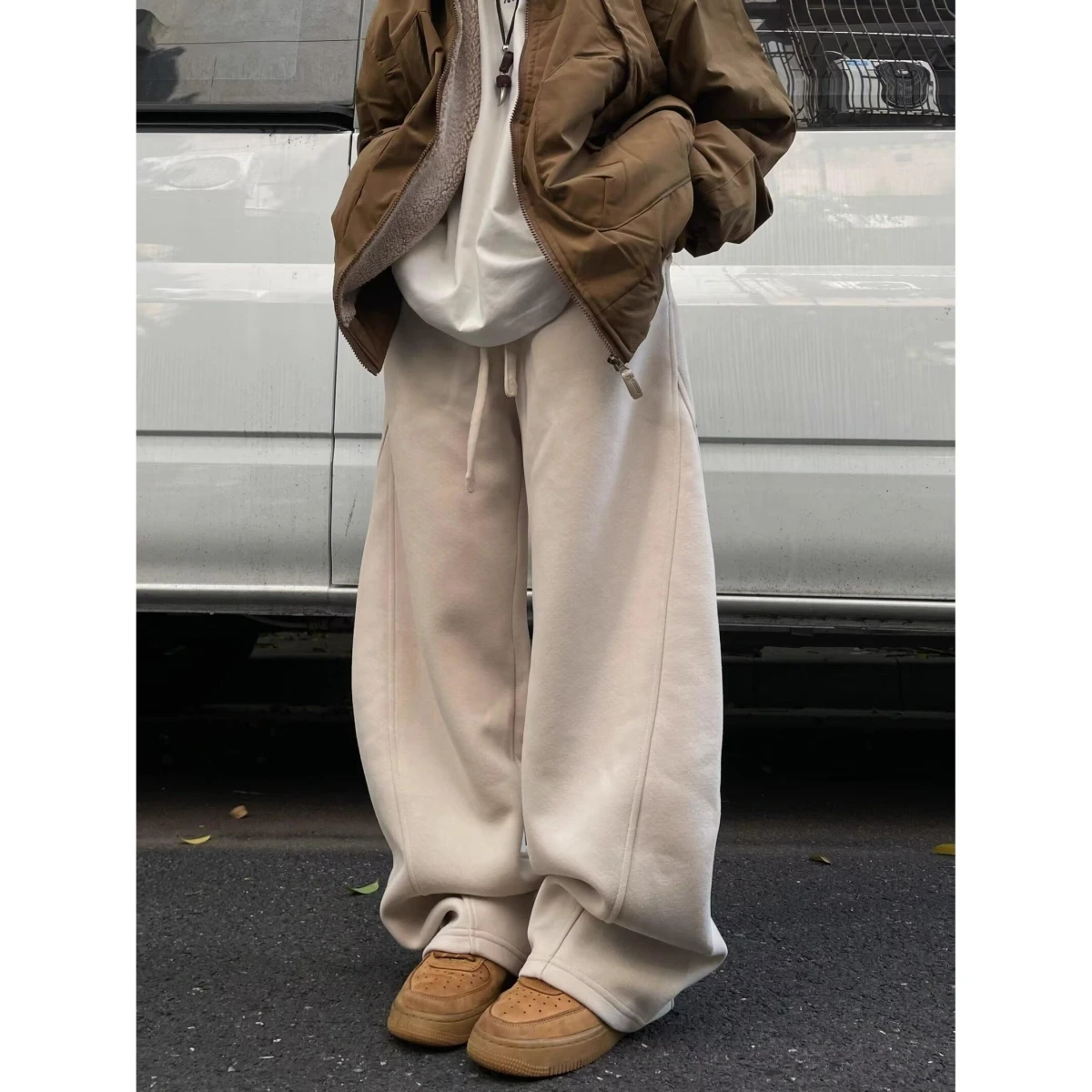 

Американские ретро-брюки прямого кроя из плотной ткани, однотонные, цвета FOG, повседневные спортивные штаны свободного кроя