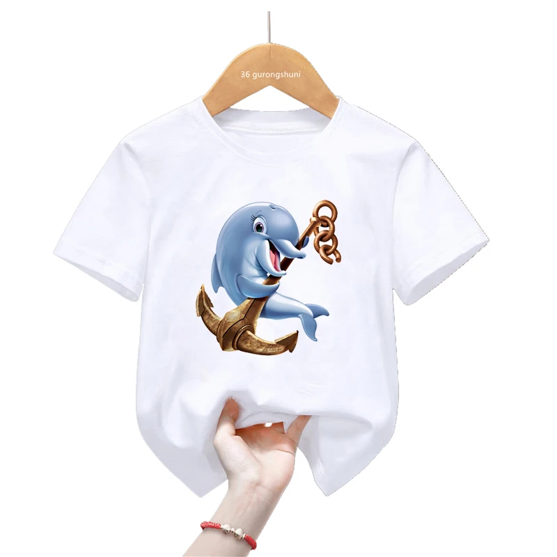 Dolphin Book Waves Print T Shirt Girls/Boys Funny White Kids Clothes Summer Short Sleeve T-Shirt Children'S Clothing Streetwear