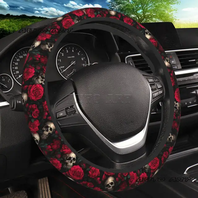 Pokrowiec na kierownicę Red Rose Skull Antypoślizgowe, oddychające neoprenowe pokrowce na kierownicę Akcesoria samochodowe Uniwersalne