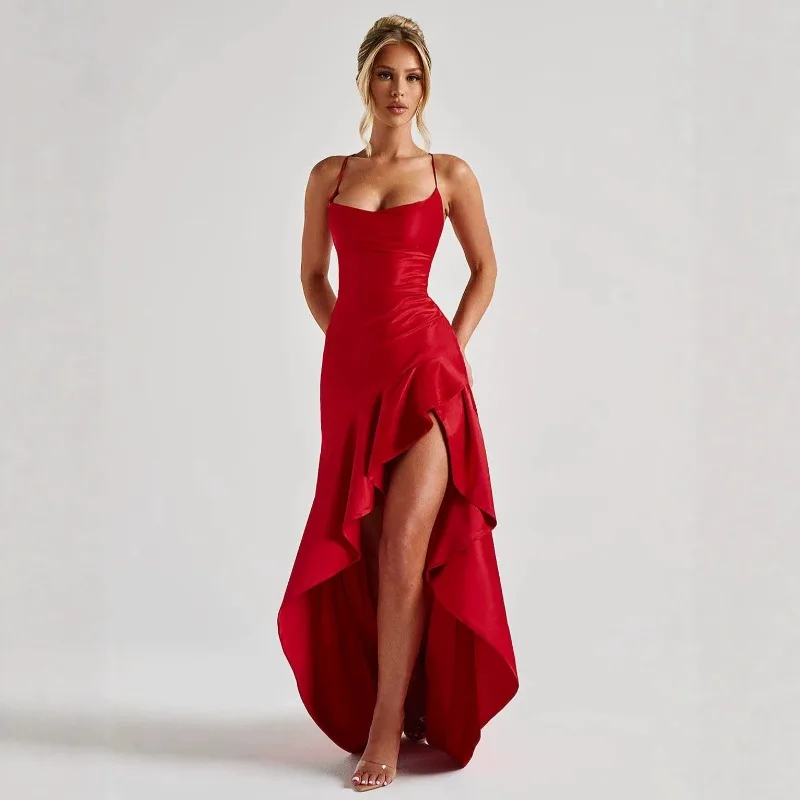 

2026 Summer Women's Fashion Spaghetti Strap Long Dress with Ruffle and Irregular Hem Sleeveless High Waist Black Evening Gown