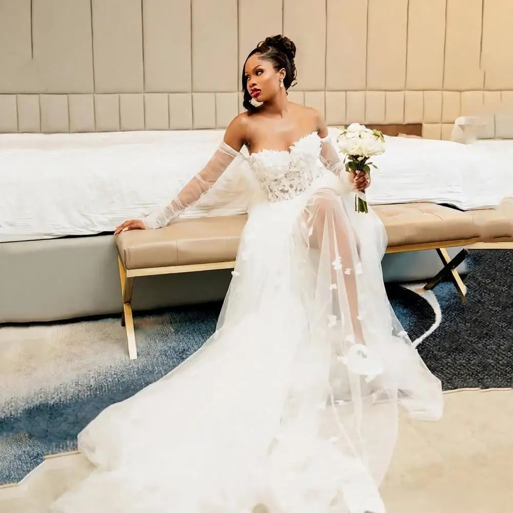 

Lace Wedding Robes For Bride Applique Sweetheart Long Sleeve Elegant Maid of Honor Dress Bridal Party Gowns Customized