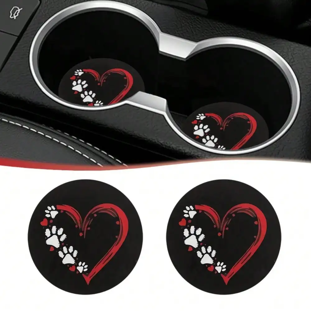 [Anti-Slip] Car Coasters | 2pcs | White Dog Paw Print & Red Heart Design | Anti-Slip & Thermal Insulation | for Car, Bar, Cafe,