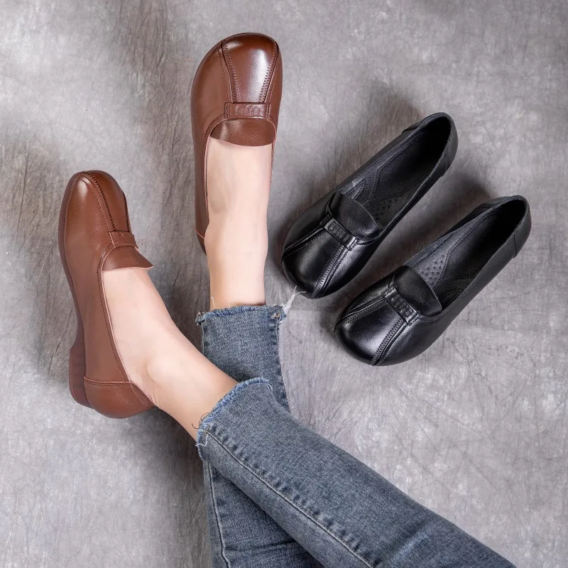 

Leather Slip-On Women's Shoes Comfortable Flat Heel Spring Autumn New Style Soft Bottom Cow Tendon Easy to Wear Mom Shoes