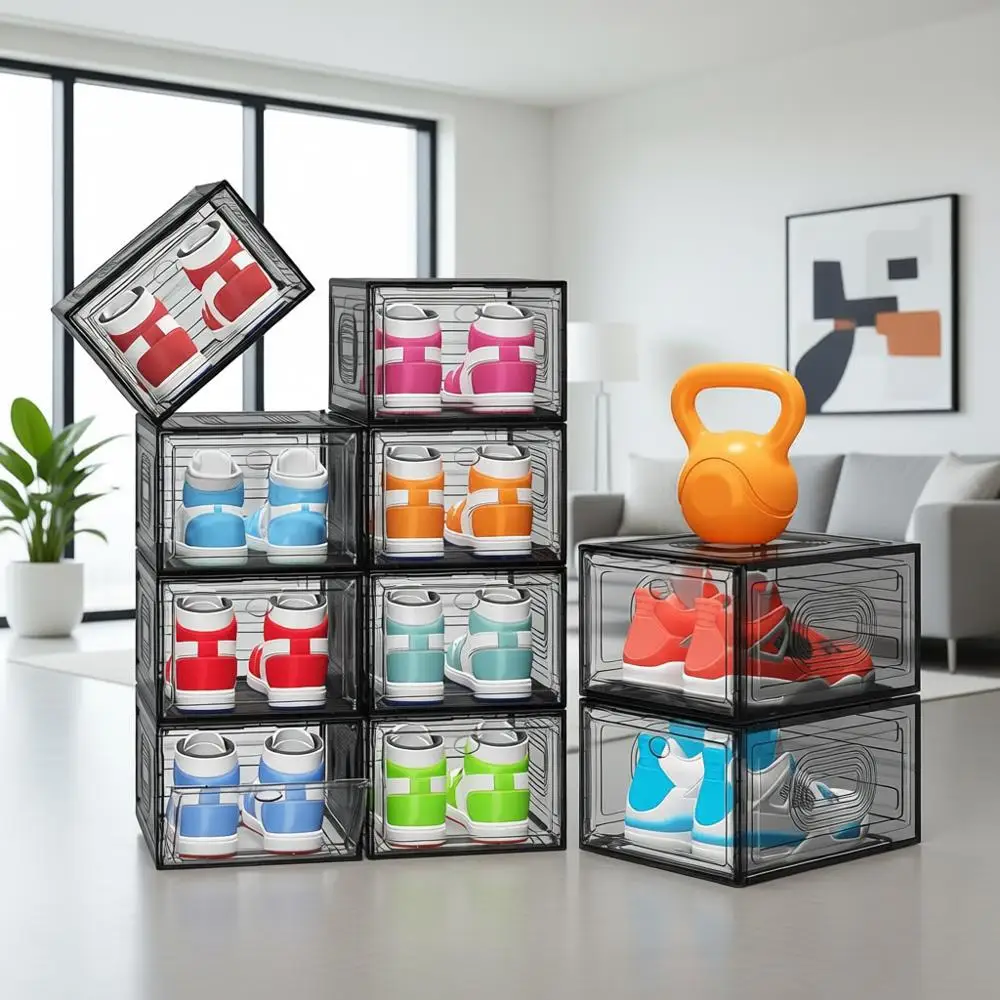 

Штабелируемый органайзер для обуви с магнитной дверцей, компактное хранение для шкафов, прихожих и под кроватями