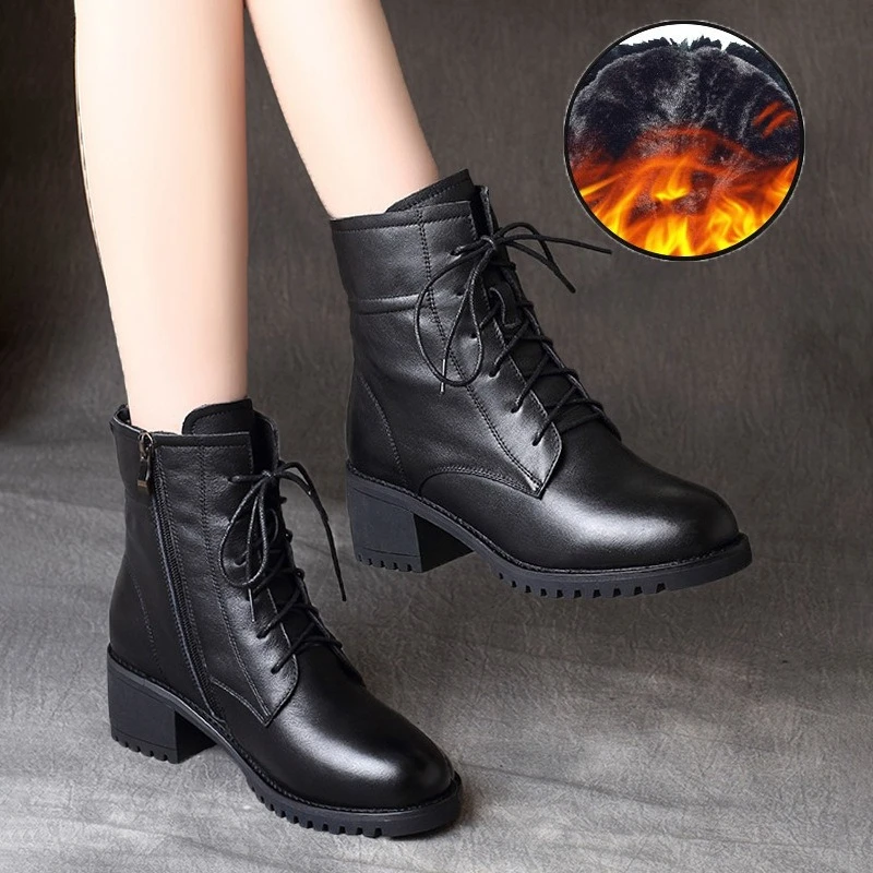 Luxury Women's Boots Womens Mid Calf Boots Side Zip Casual Shoes Chunky Heel Women Shoes Winter New Leather Plush Botas Mujer
