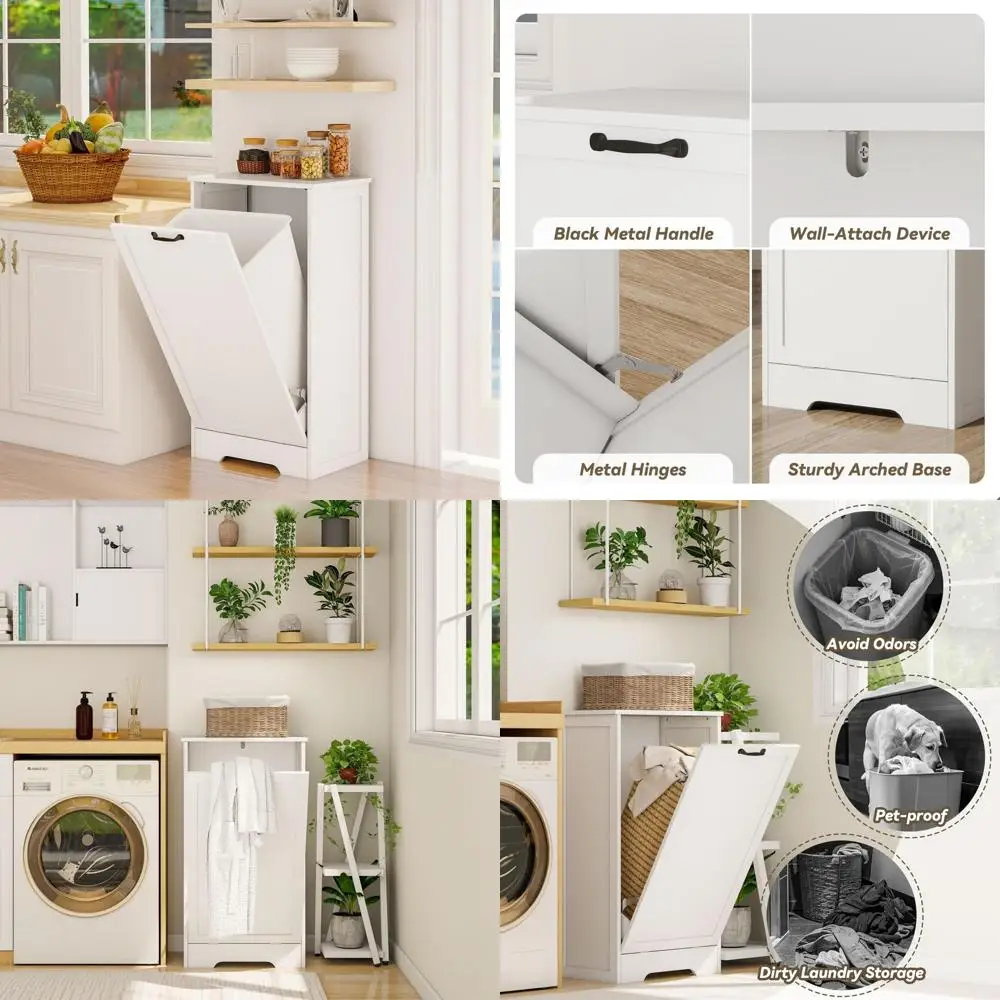 

Modern Wooden Tilt-Out Trash Cabinet with Lid, 10 Gallon Capacity, Ideal for Laundry Hamper or Bathroom Waste Bin