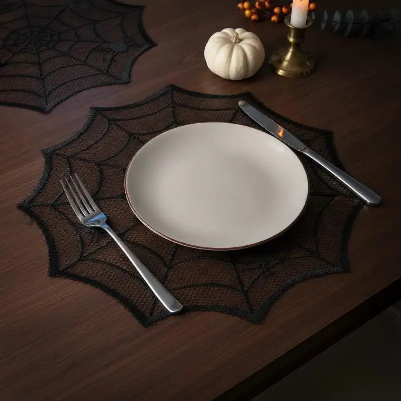 2/4Pcs Spider Web Black Lace Tablecloth Halloween Table Cloth Decorative Placemat Cosplay Spider Silk Party Table Ornament