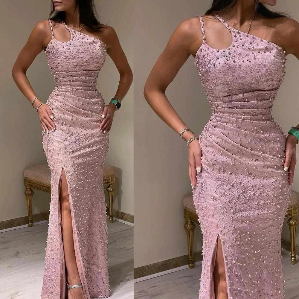 Vestido de fiesta de sirena con lentejuelas hecho a mano, traje Sexy de un hombro con espalda abierta y flores, de tafetán, para ocasiones nocturnas