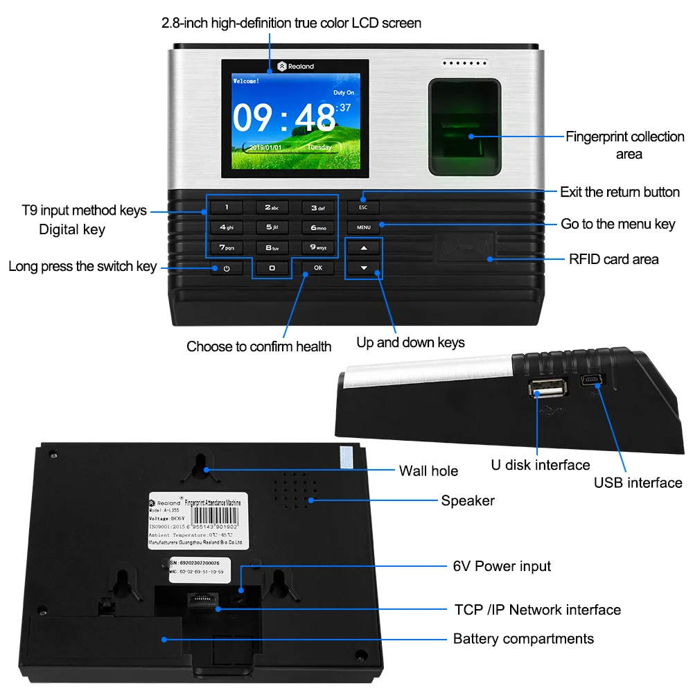 YiToo 2.8inch Wifi RFID Biometric Fingerprint Time Attendance TCP/IP USB Office Check-in Realand System Time Clock Free Software