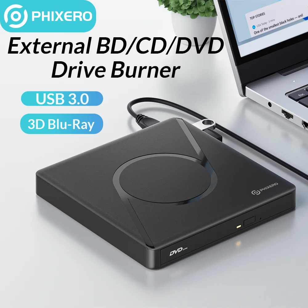 PHIXERO External 3D Blu Ray DVD Drive Burner USB 3.0 with 100GB Disc Slim Optical Writer Recorder Player for Laptop PC Mac OS