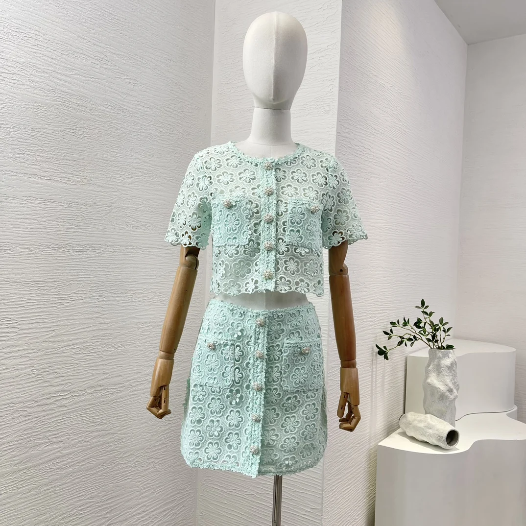 

Women Two-Piece Set 2024 Summer Mint Green Lace Suit Patchwork Floral Hollow Out Women Tops and Mini Skirt High Quality Set