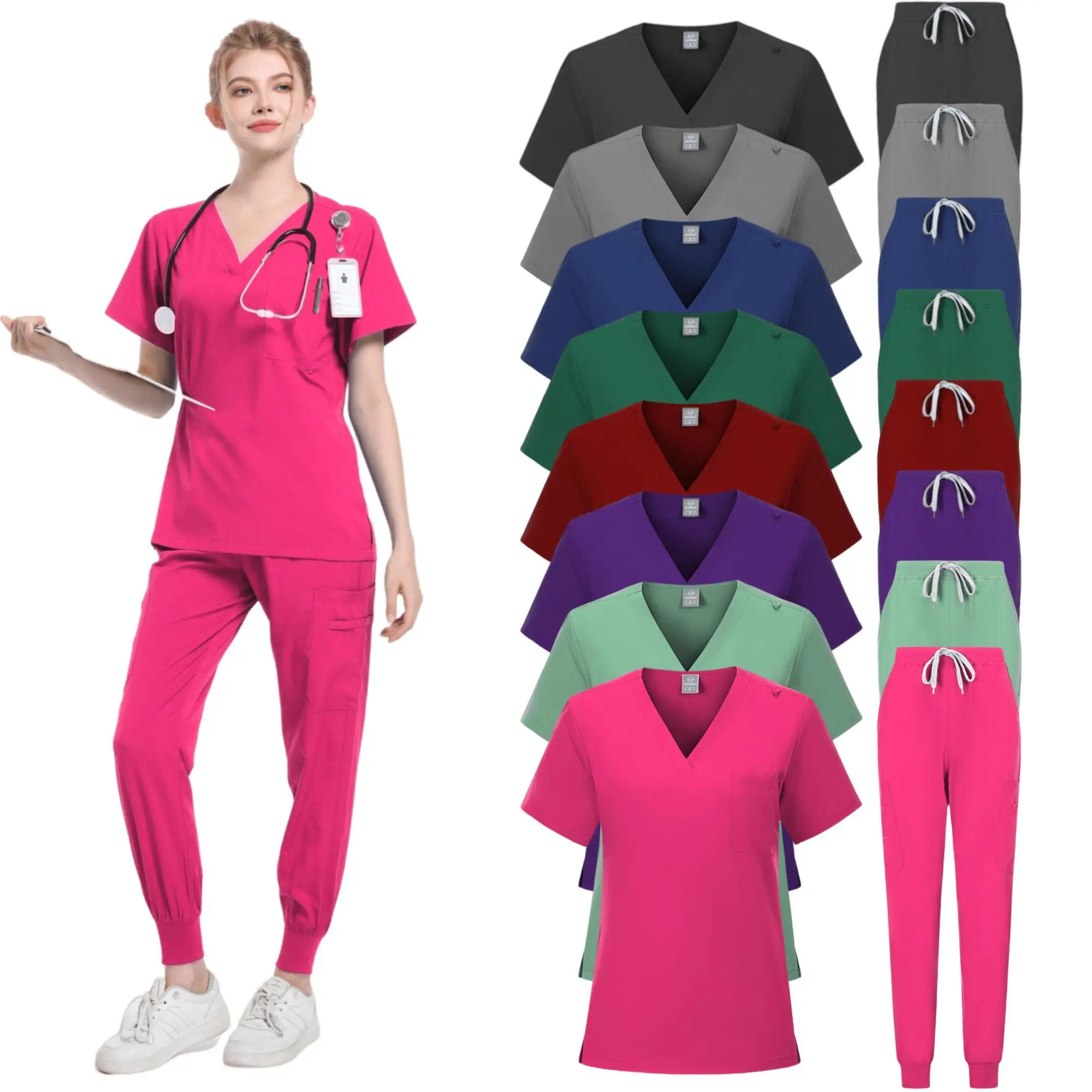 Uniforme médical violet pour femmes, prix bon marché, pantalon de jogging, ensembles d'infirmière médicale, ensembles d'uniformes d'infirmière à col en V pour médecins, menthe