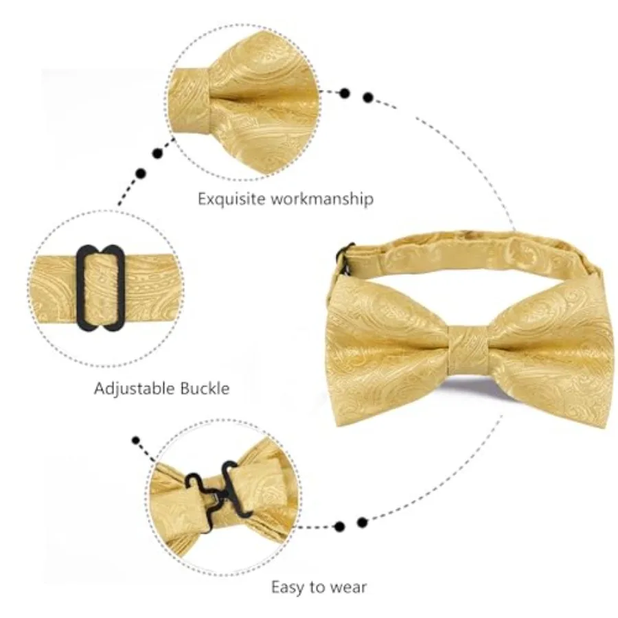 Mens Paisley Bow Tie, Pocket Square, Cufflinks Set,Gold-1 view 4