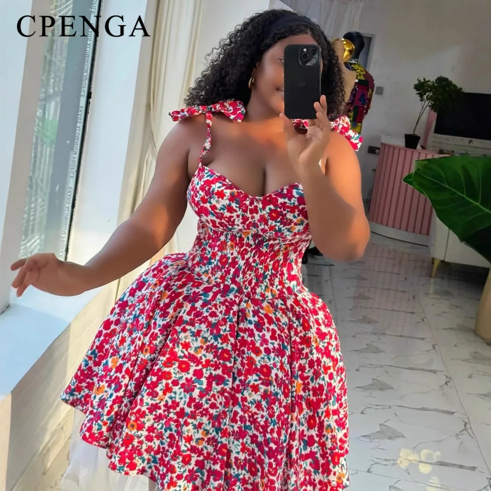 

Elegant Floral Print A-Line Dress for African Women Spaghetti Strap Bow Detail Sexy Femme High-Waisted Dashiki Clothes 2025