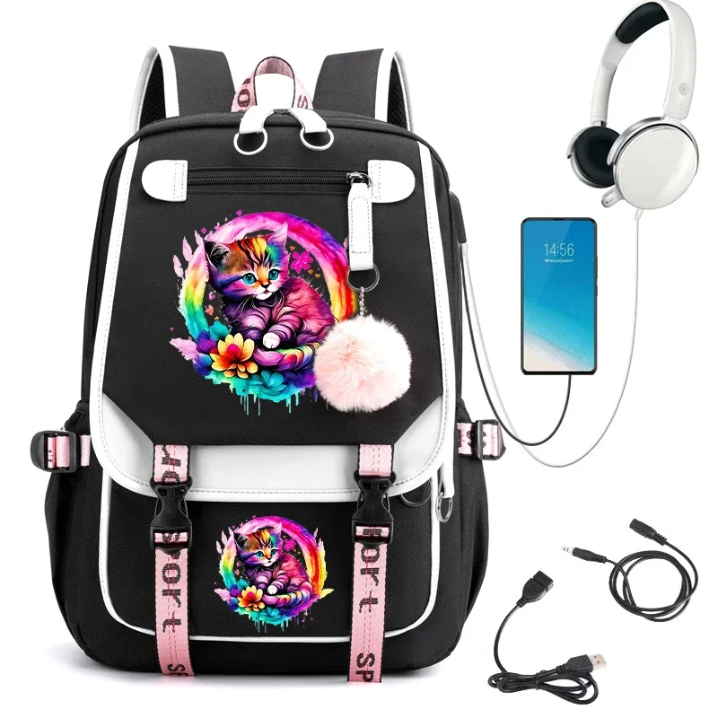 

Cute Girls School Backpack Bag Watercolor Floral Cat School Bags for Student Teens Fashion Bookbag Laptop Backpack Usb Mochila