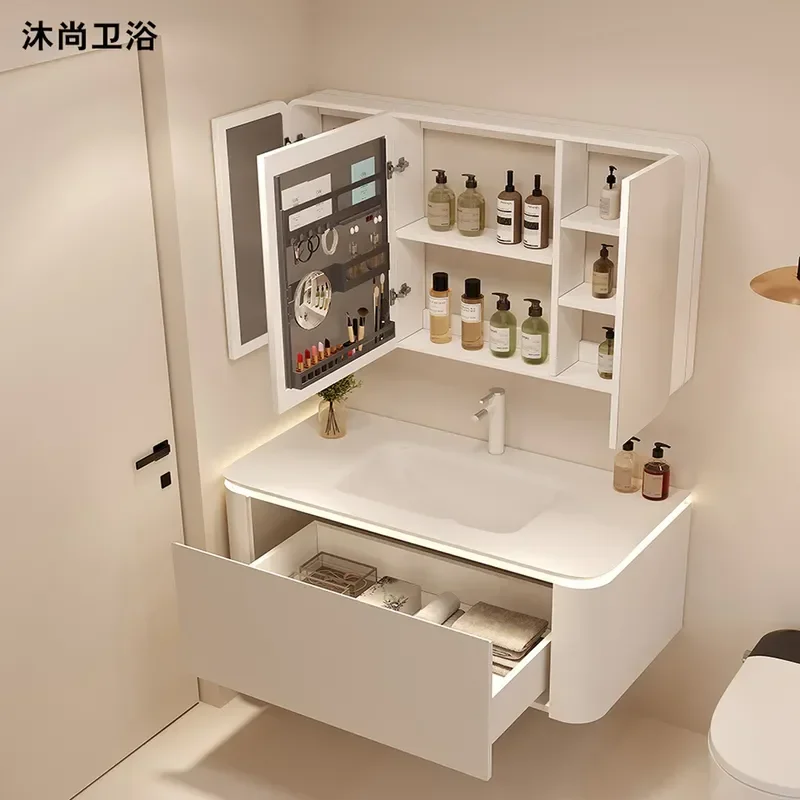 Cream Style Corian Integrated Basin Slate Bathroom Cabinet with Smart Mirror Oak Vanity Unit Hand Washbasin Storage Combo
