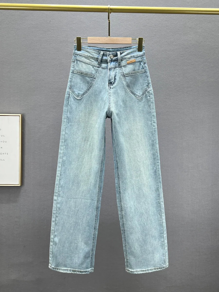 

Женские джинсы с высокой талией, прямые, весенние, эластичные, свободные, утягивающие, универсальные, широкие, из хлопкового стрейч-денима