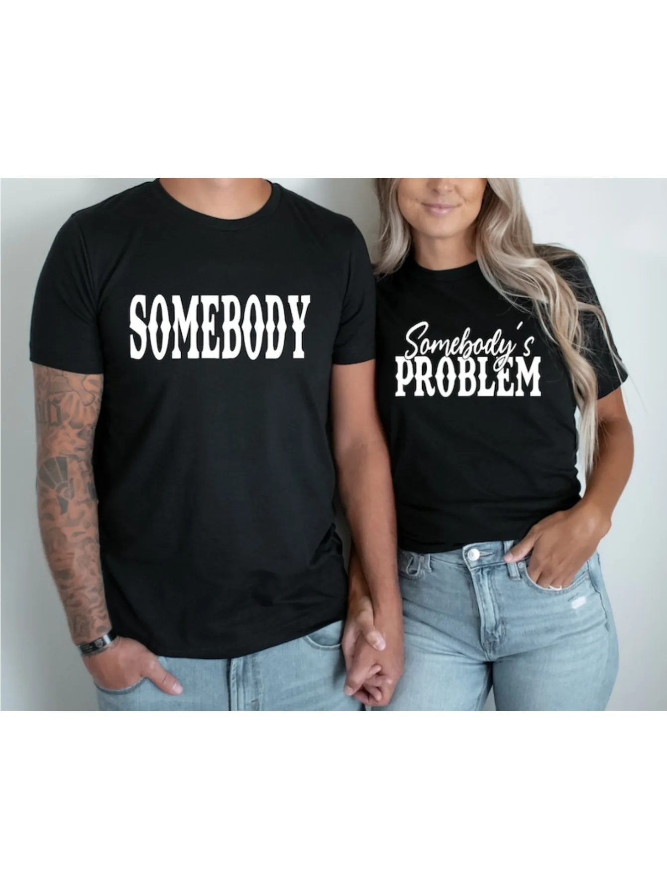 

1pc Somebodys Problem Couples Matching TShirts Cotton Casual Round Neck Tees for Newlyweds Lovers Perfect for Christmas
