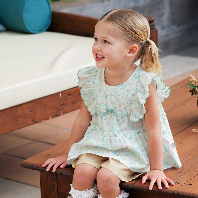Dave Bella Children Short Pants Set Summer Spring Girls Leaf Print Top Half Pant Two Piece Set Outerwear Kids Clothing DB2251654
