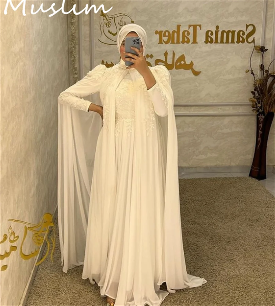 

Gorgeous Muslim Turkey Wedding Dress With Cape Elegant Chiffon Boho Bride Long Sleeve Lace Bohemian Country Arabic Customized