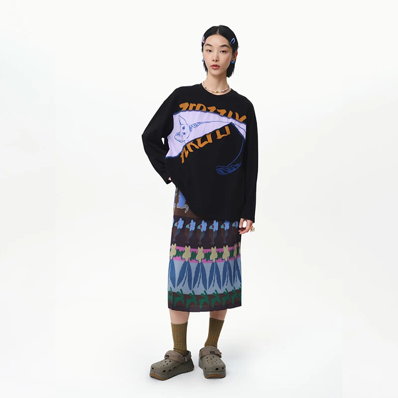 MOVEUP Loose Long Sleeves Round Neck T-Shirt 2026 Spring Ribbed Cartoon Print Drop Sleeves Casual Office Top For Women 325110518