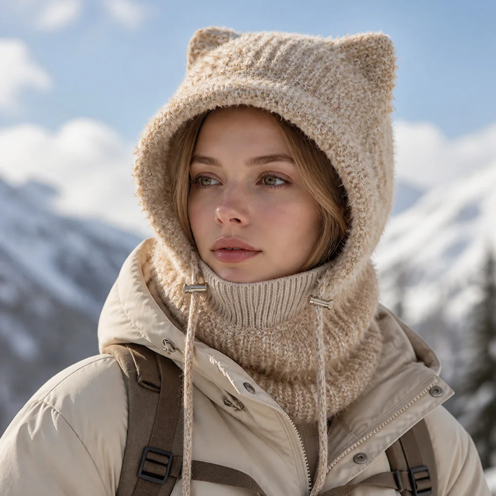 Unisex Winter Cat Ear Knitted Balaclava Caps Women Cute Thickened All In One Hood Scarf Adjustable Outdoor Warm Bomber Hats Men