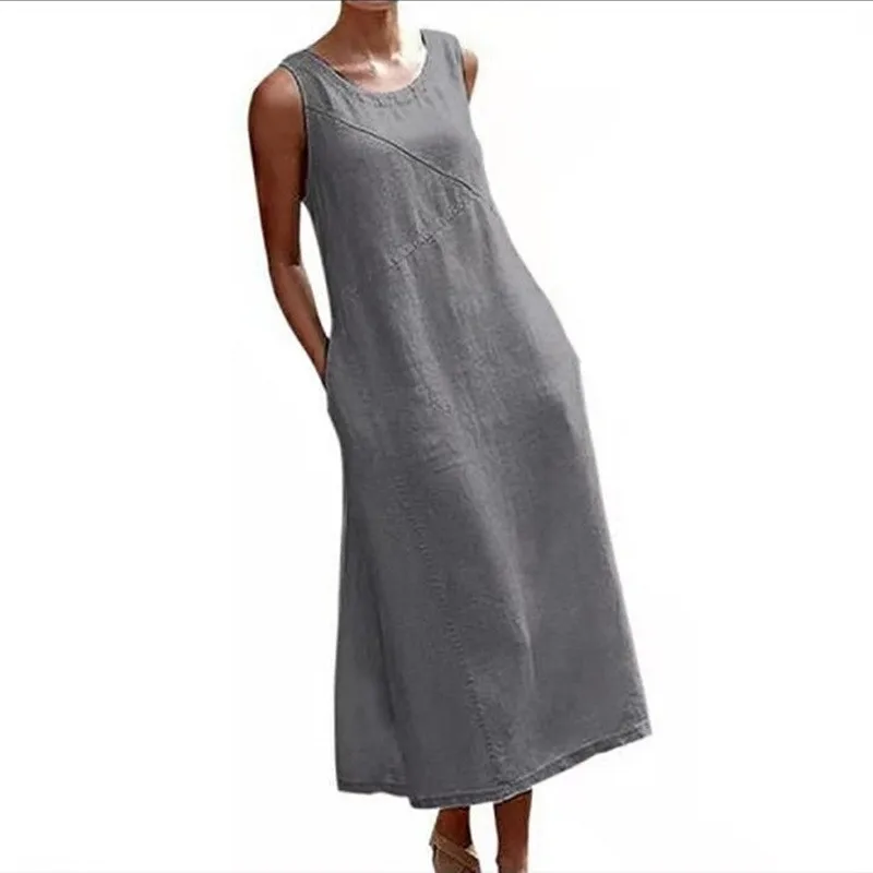 Solid Color Casual Loose Fitting Women\'s Summer Long Dress 2024 Elegant Cotton And Linen Simple Sleeveless Plus Size Women\'s Dre