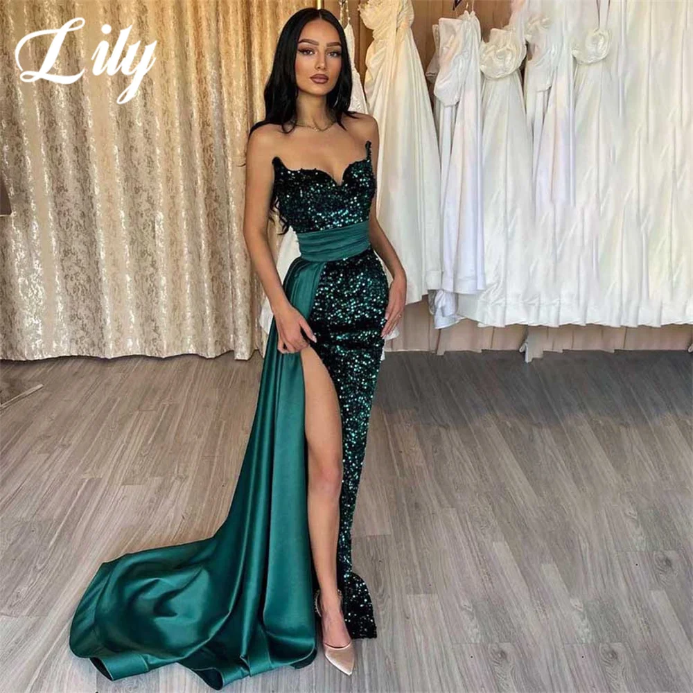 Lily Green Evening Gown Mermaid Sexy Beaded Prom Dresses Satin Pleat Sweetheart Side Split Wedding Evening Dress robes de soirée