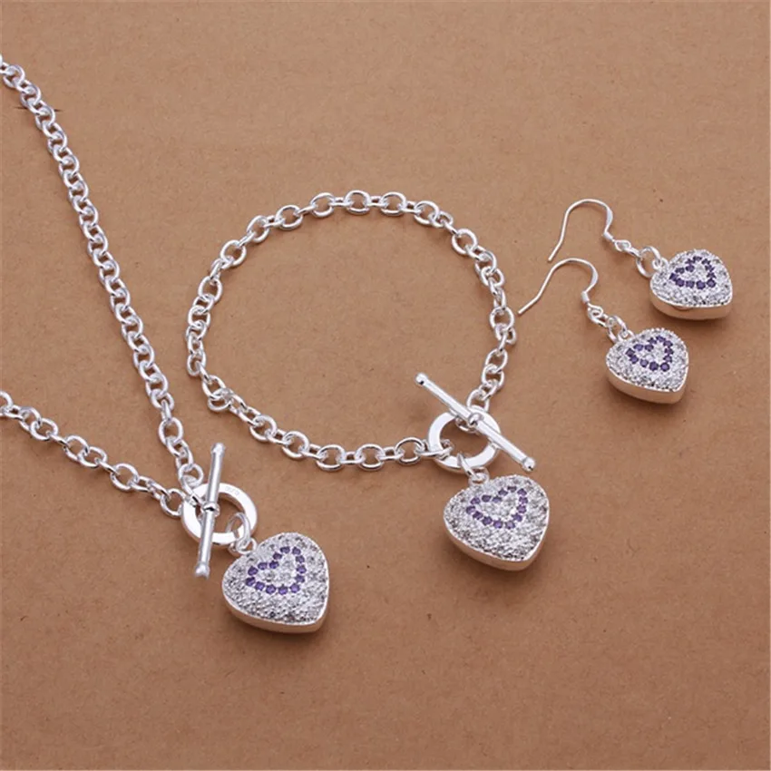 Trend 925 Sterling Silver romantic heart crystal pendant necklace bracelets earrings Jewelry set for women Fashion Party wedding