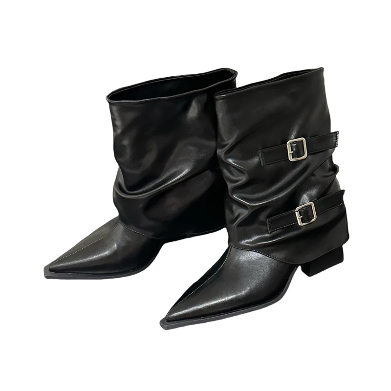 Fashion Metal Buckle Belt Short Boots Women Fall Winter Shoes 5cm Chunky Heels Pointed Toe Mid-calf Boots Pleated Design WSH5851