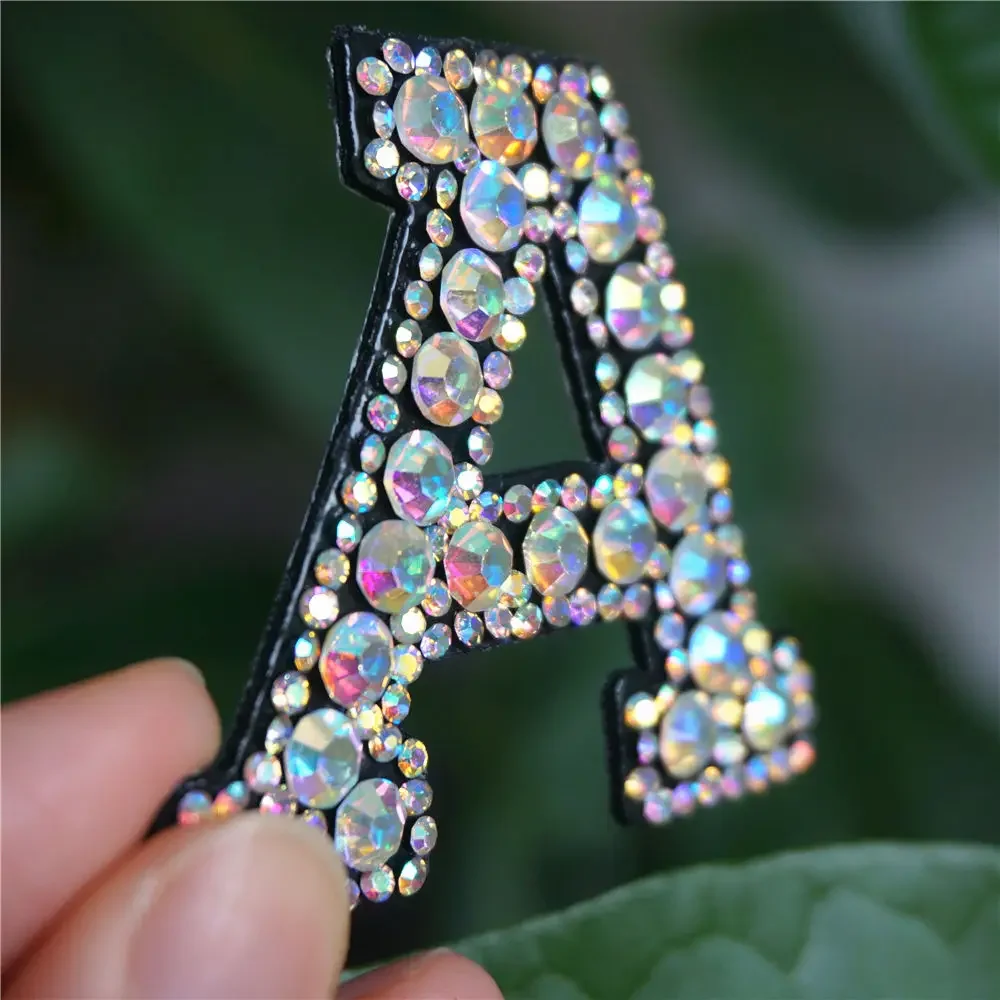 Rhinestone Letters Alphabet ABC Sew Iron On Patches Rainbow Shining Badges For Name DIY Dress Jeans Shoes Appliques Decoration