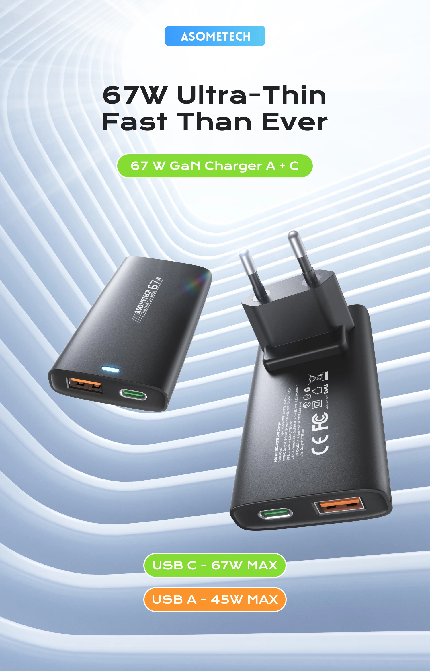 67W GaN USB-C-Ladegerät, schnelles Laden 4.0, PD3.0, PPS, tragbares, ultradünnes Typ-C-Ladegerät für iPhone, Samsung, Macbook, Laptop – Detail 1