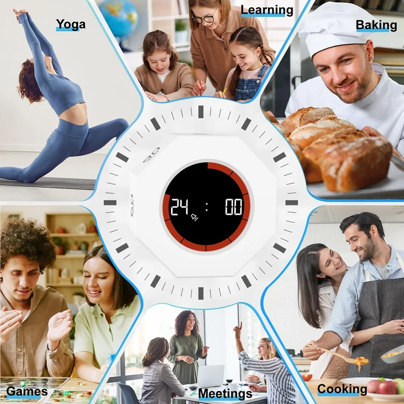 Digital Productivity Timer, Rotating Pomodoro Timer With 1-3-5-15-30-60-90 Min Countdown, For Study Office Kitchen Desk-ABSW
