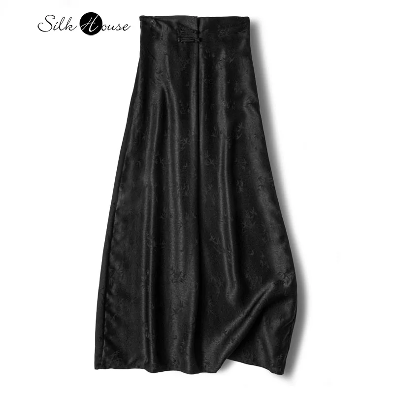 Bamboo Leaf Print 100% Natural Mulberry Silk Twisted Compass Buckle Zipper Design Feminine Black Skirt