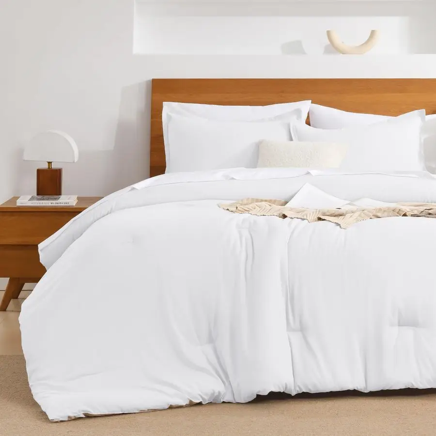 

White California King Comforter Set 7 Pieces Bed in a Bag Cal King Bedding Comforter Sets, Summer Solid Soft Lightweight Comfort