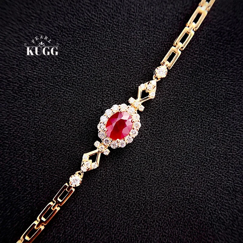 KUGG 100% 18K Yellow Gold Bracelet Fashion OL Style Shiny Diamond Natural Ruby Gemstone Bracelet for Women High Anniversary Gift