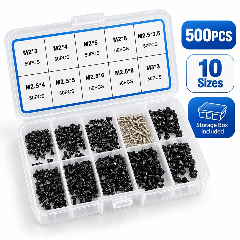 500PCS M2 M2.5 M3 Black Carbon Steel Laptop Screws Flat Head Phillips Machine Screw Assortment Kit for Notebook Computer Repair