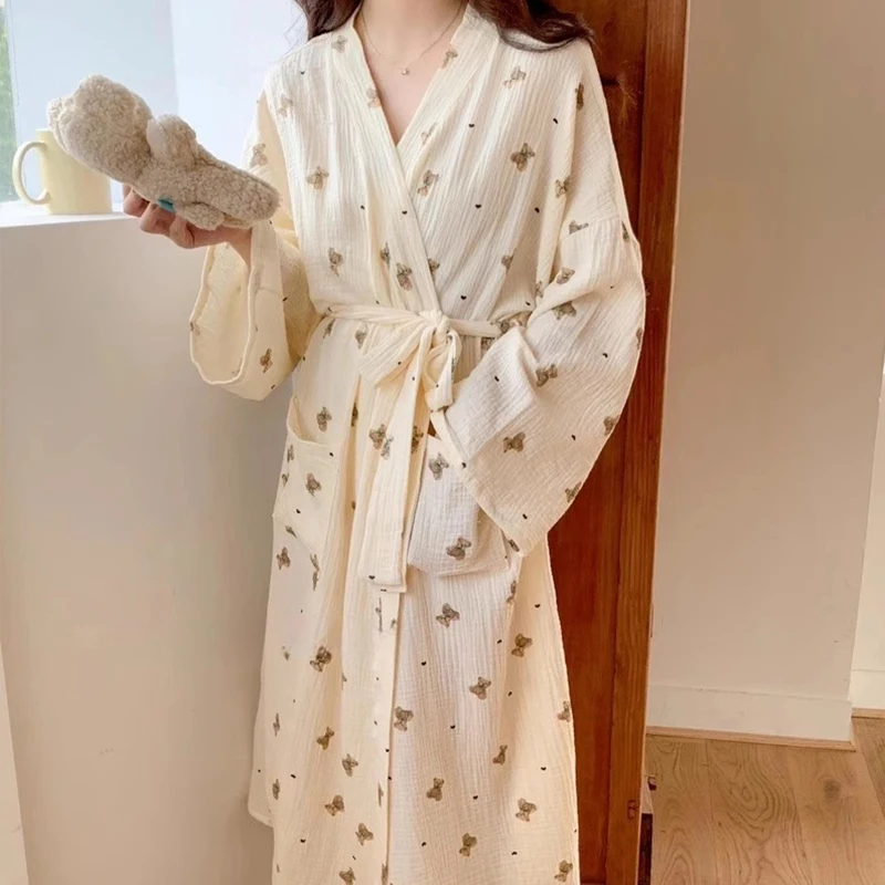 Sleeping Robe for Women in Spring and Autumn Style Bathrobe Full of Small Bear Long Sleeve Casual Princess Style Sleepwear