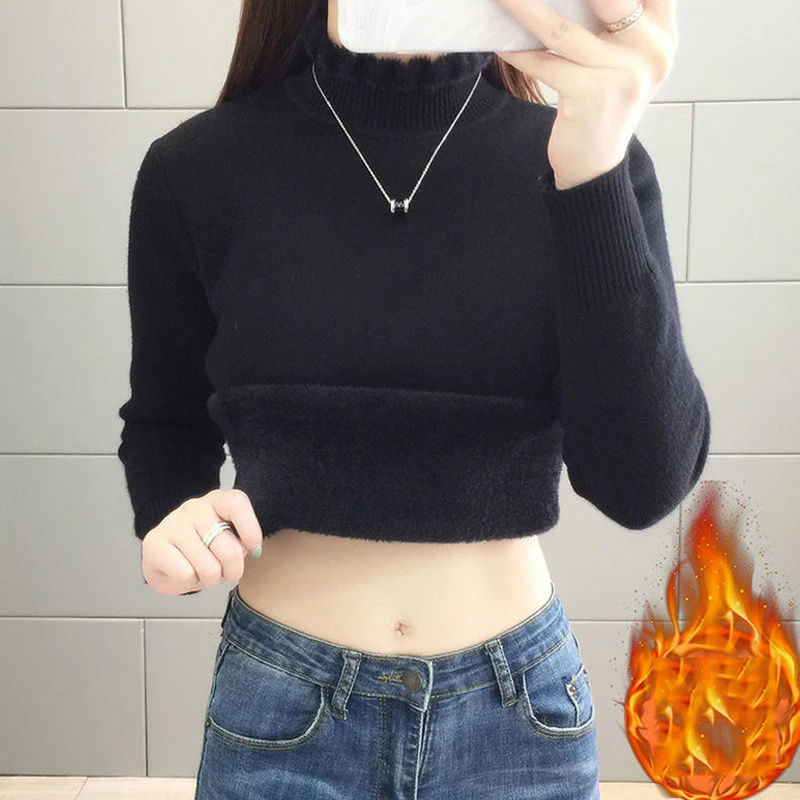 Korean Ruffles Half-Turtlenck Slim Thicken Knitted Pullovers Winter Plus Velvet Sweatercasual Fleece Lined Warm Knitwear Top