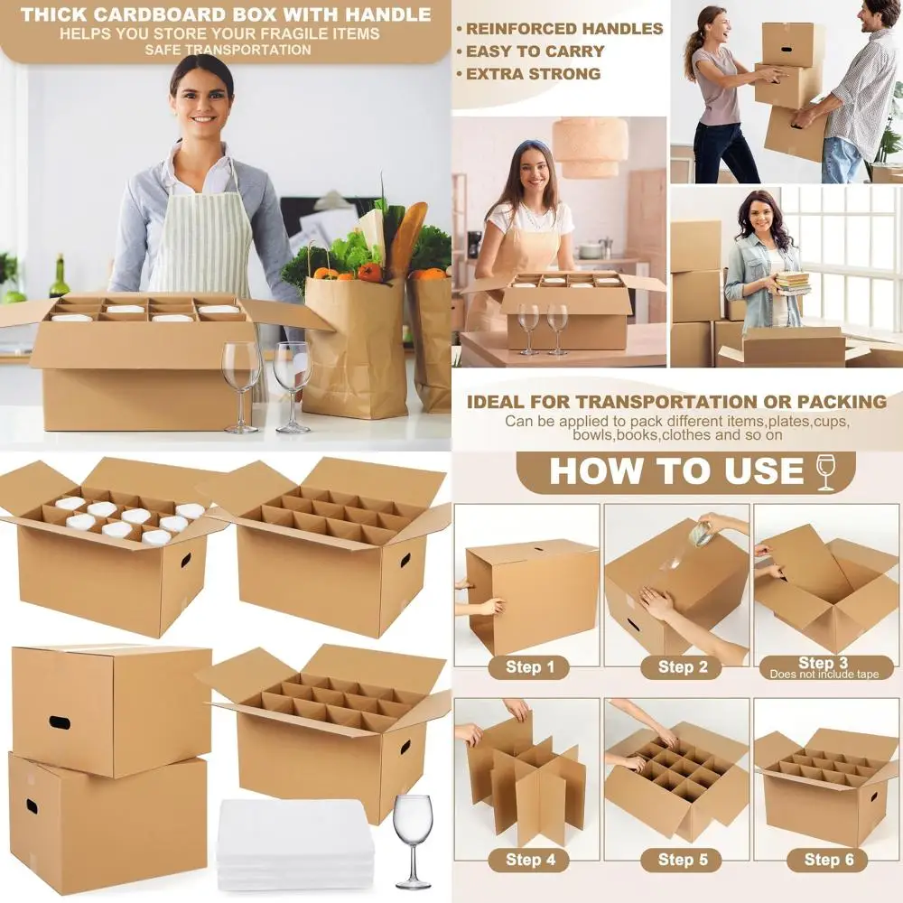 

Glass Packing Kit with Dividers and Foam Pouches for Kitchen Moving, Stemware, and Wine Glasses (20x15x12 Inches)